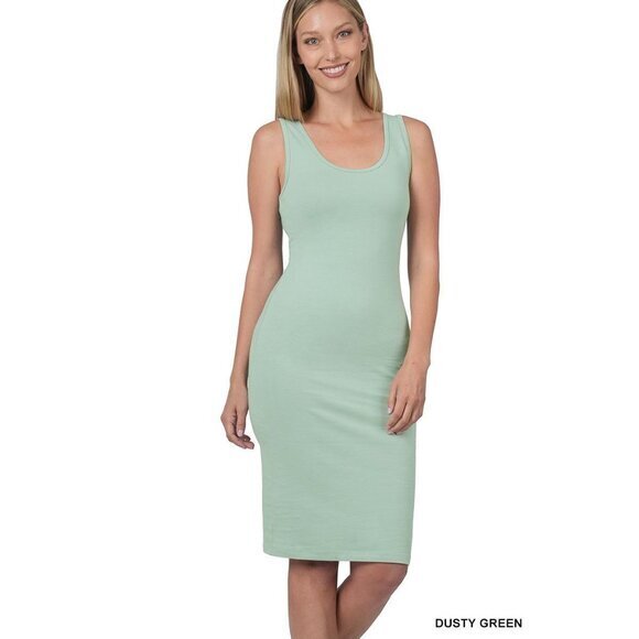 Sleeveless Tank Dress Bodycon Midi Casual‎ Summer Dress Size L Dusty Green - Picture 1 of 5
